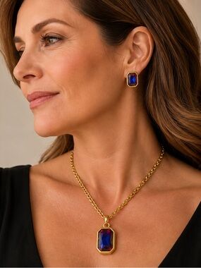Vintage Kenneth Jay Lane Gold-Plated Necklace & Clips with Blue-Purple Crystals